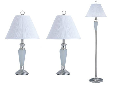 Park Madison Lighting PMT-1803-16 Lamp Set, Satin Nickel Finish with Forested Crackle Glass and Soft Pleated Shades, 3-Piece