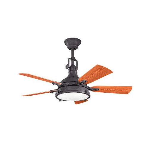 Kichler Lighting 310101DBK Hatteras Bay 44-Inch Damp Rated Ceiling Fan, Distressed Black Finish with Fresnel Glass Light Kit and Reversible ABS Blades
