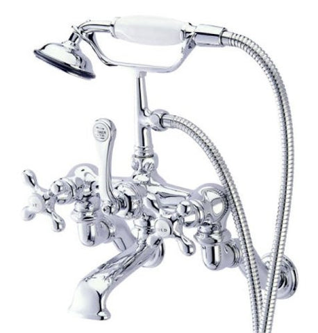 Kingston Brass CC464T1 Vintage Wall Mount 7-Inch Spread Tub Filler with Hand Shower, Metal Cross Handle, Polished Chrome