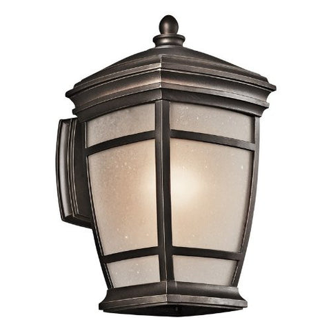 49271RZ McAdams 1LT 14IN Exterior Wall Lantern, Rubbed Bronze Finish with Light Umber Etched Seedy Glass